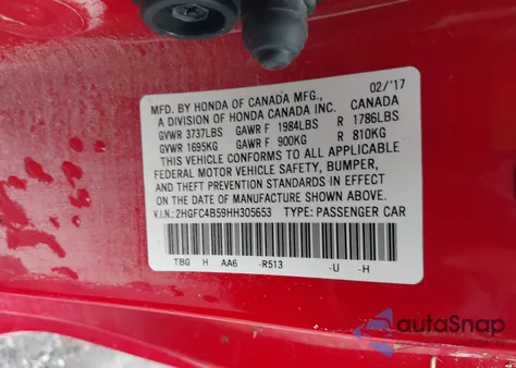 2017 Honda Civic Lx z USA, uszkodzony, nr VIN 2HGFC4B59HH305653